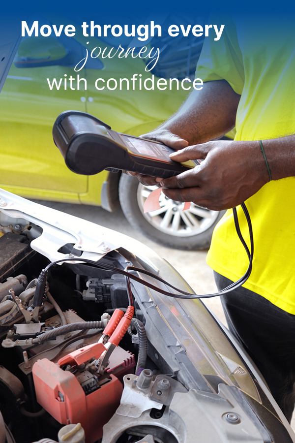 Mechanic in a yellow shirt uses a handheld diagnostic scanner on an open car hood; the overlay reads 'Move through every journey with confidence'.